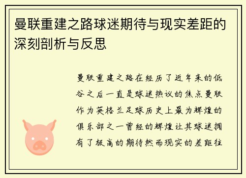 曼联重建之路球迷期待与现实差距的深刻剖析与反思